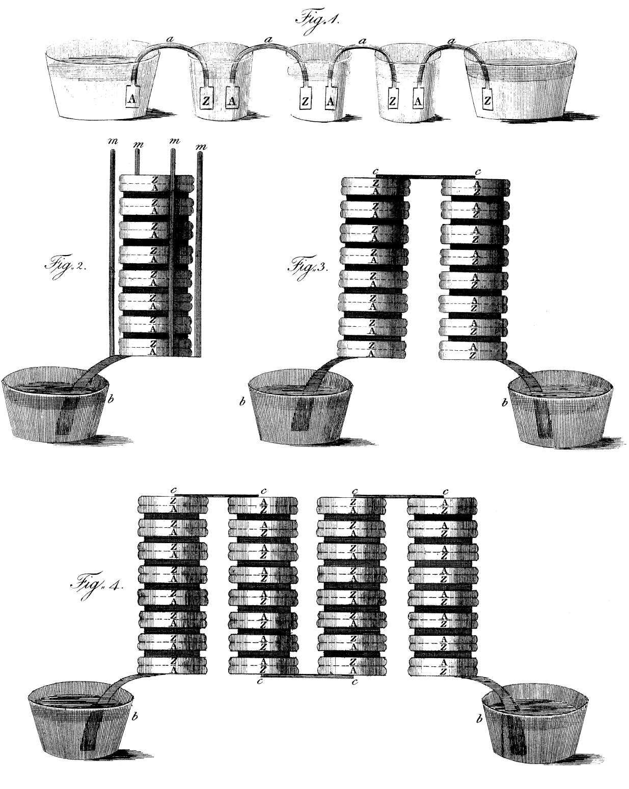 Diagramas elaborados por Volta, mostrando los celdas de su idea.